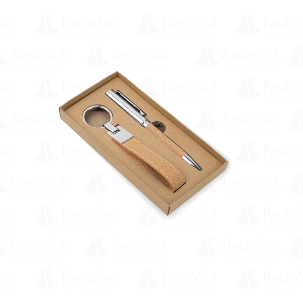 Conjunto de Caneta e Chaveiro em Metal e Cortiça Personalizado